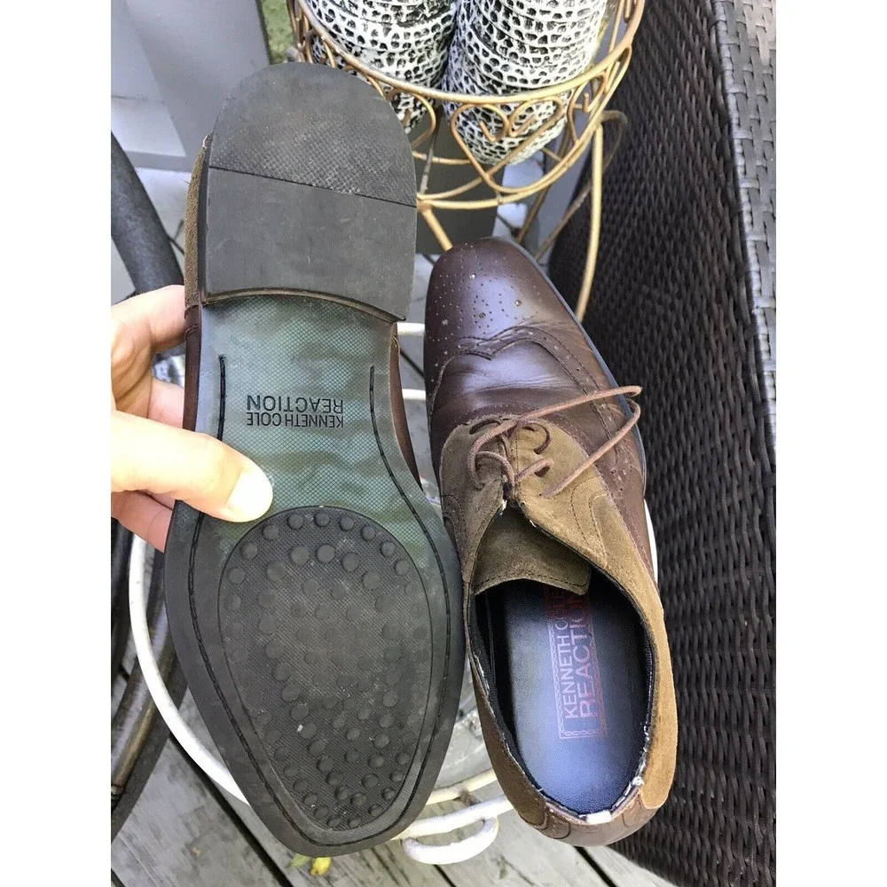 Kenneth Cole REACTION Men Trick Play Wing Tip Oxford brown leather 7.5 Shoes